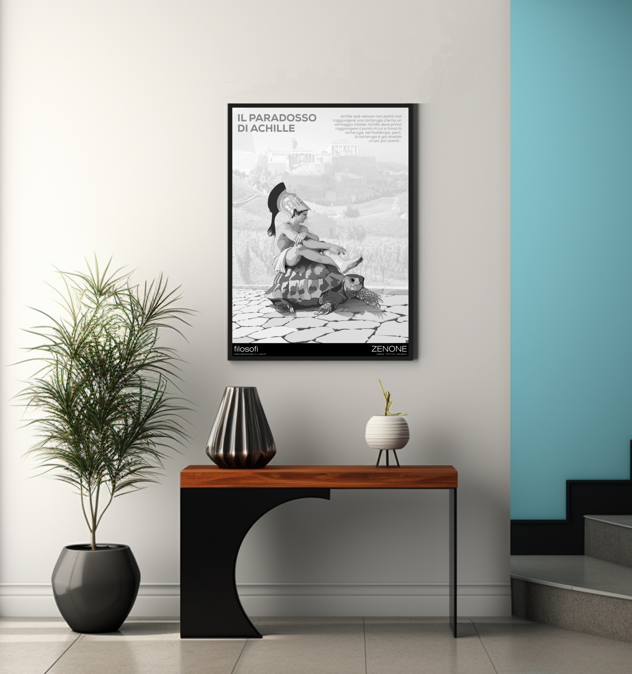 Manifesto artistico di Elea“Zenone ” di Lorenzo Ori. Opera della serie “Visioni contemporanee” disponibile come edizione d’autore 50x70 a tiratura limitata.